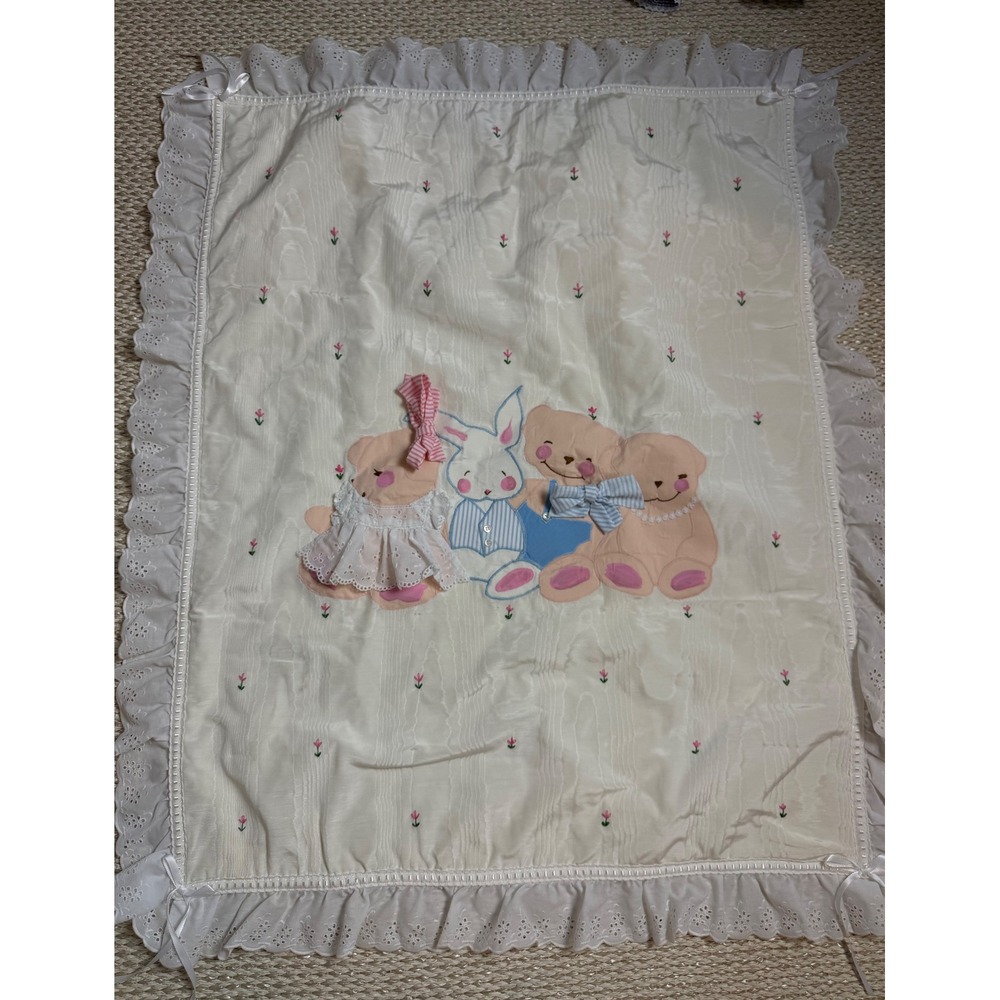 Vintage Baby Blanket Bear Bunny 3D Applique Eyelet Lace Ruffle quilt Cottagecore